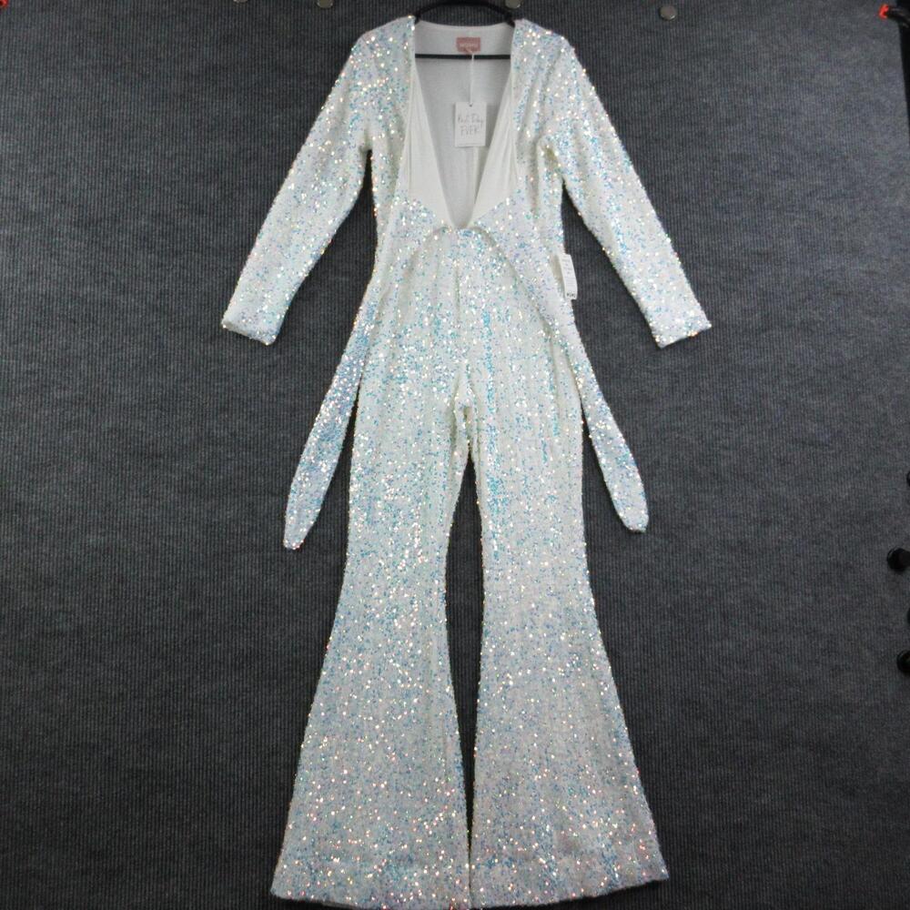 Show Me Your Mumu Jumpsuit Womens L White Sequin Long Sleeve V-Neck Wedding NWT